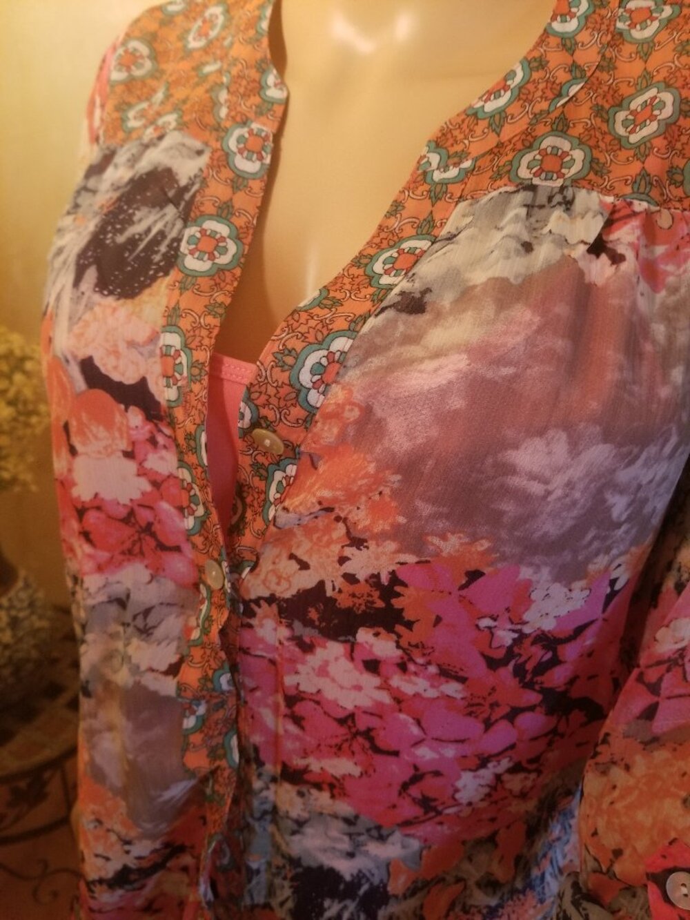 FIG & FLOWER SHEER BOHO FRONT TIE BLOUSE WITH PEACH TANK TOP SIZE PM